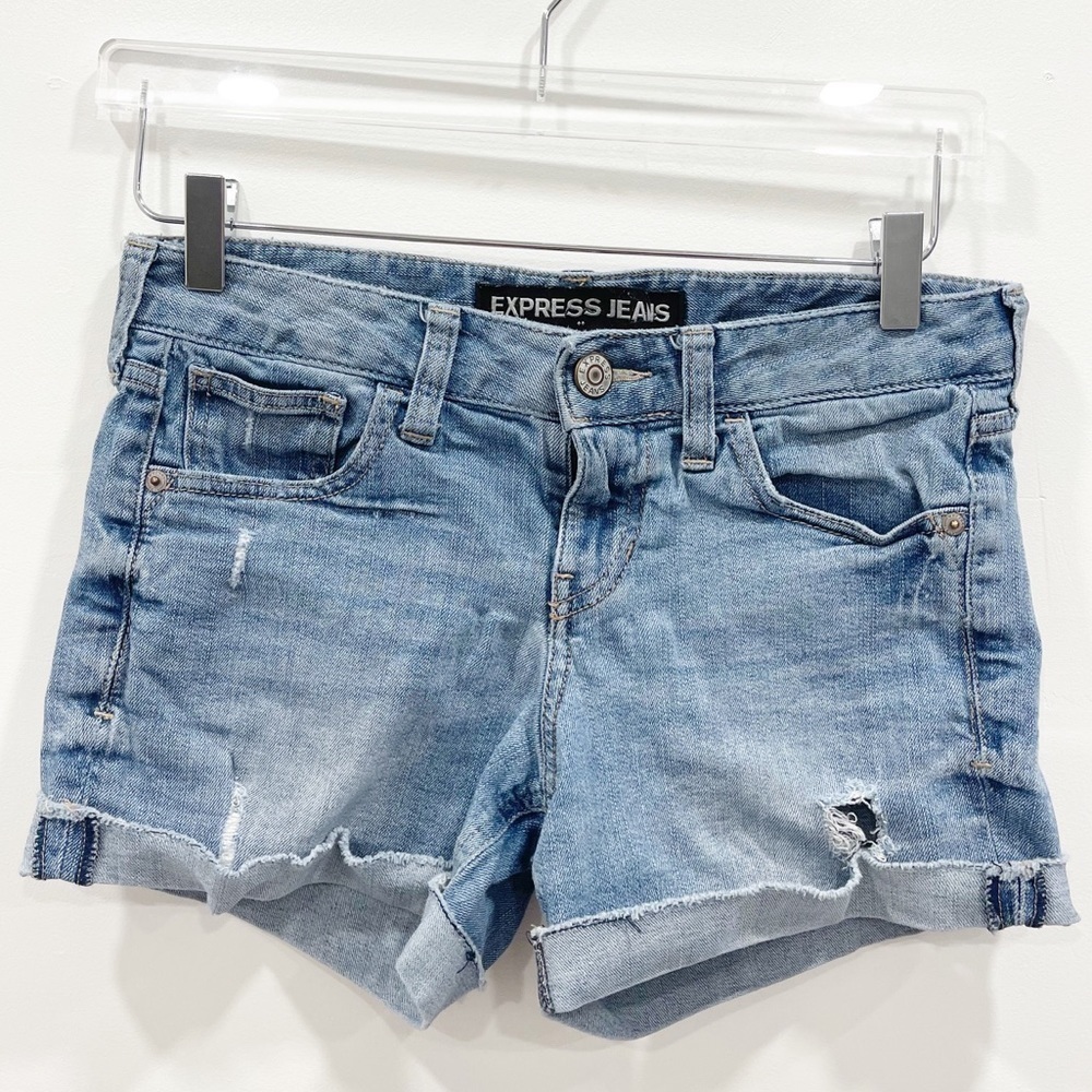 Express Denim Raw Hem Cuffed Shorts Light Wash 2